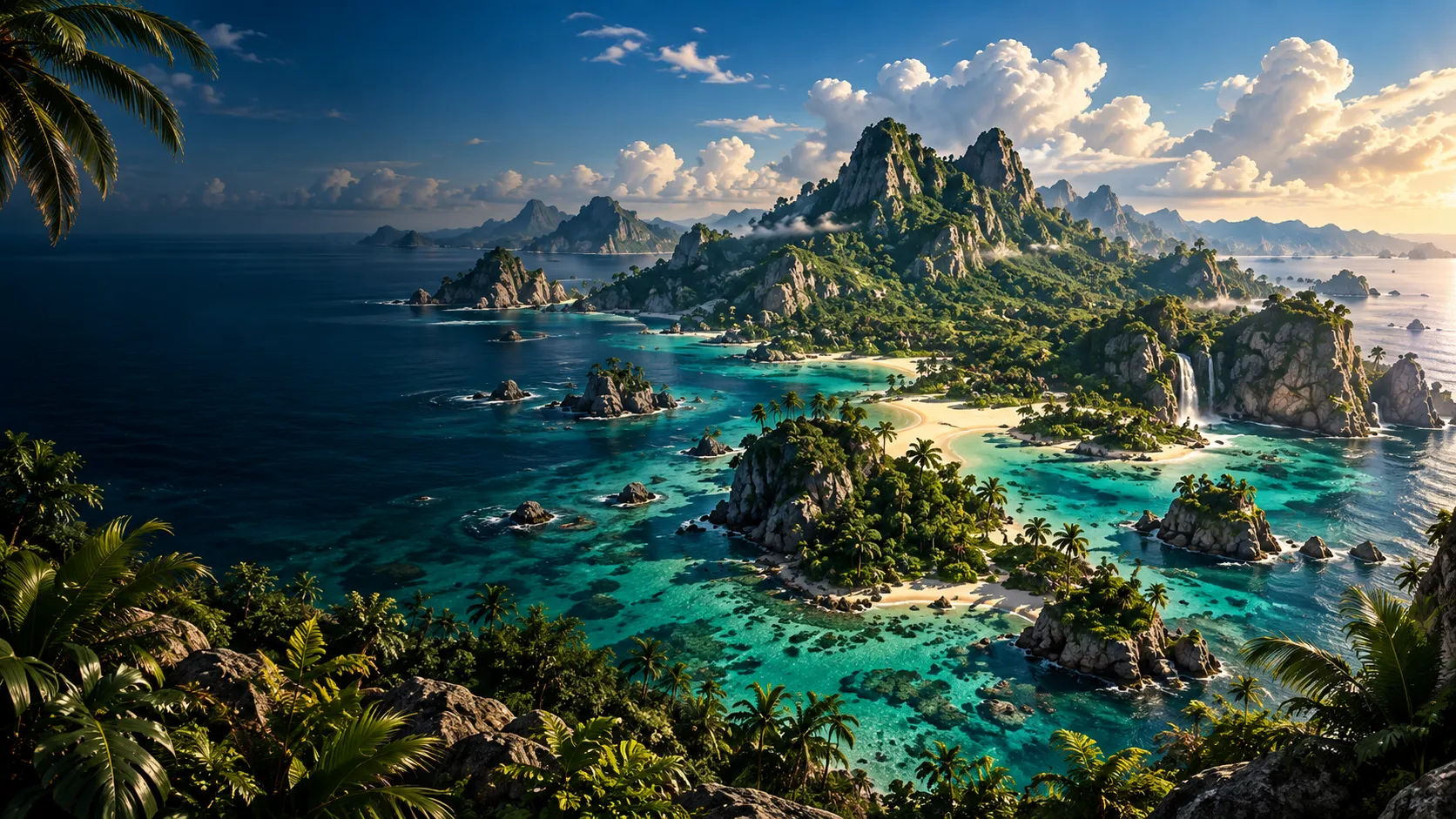 Panorama da ilha selvagem do Frontara com montanhas e lagoas tropicais